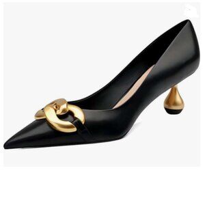 XYD Black Low Heel Pointed Toe Pumps with Metal Chain Solid Golden Heeled Shoes